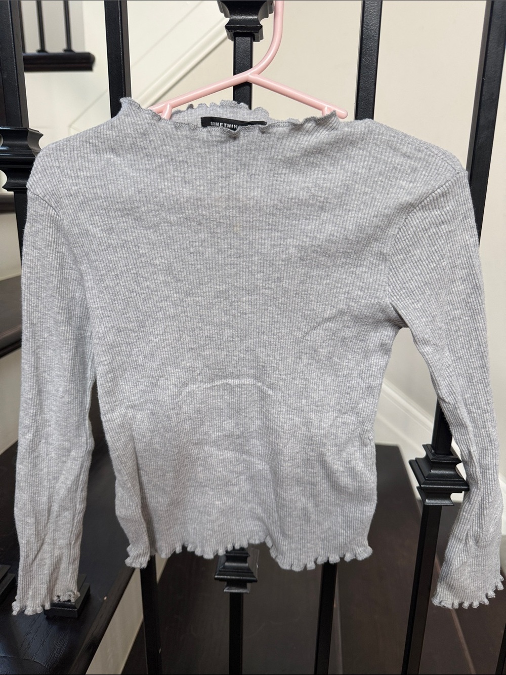 Something Navy Light Gray Ribbed Mock Neck Long Sleeve Top